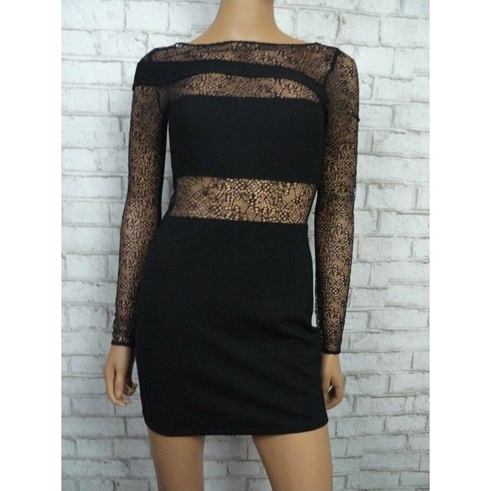 $168 h:ours Black Illusion Lace Long Sleeve Stretch Bodycon Dress Small NEW